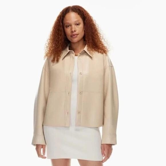 Babaton Pelli Relaxed Hip Shirt Jacket Relaxed Faux Leather Shacket Cream Tan S - Picture 7 of 7